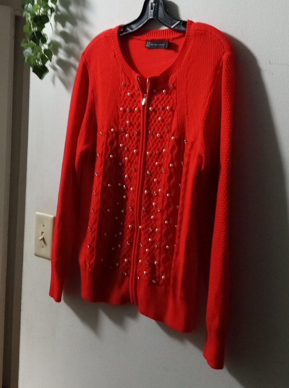 New York & Company Red Embellished Zip-Front Cardigan